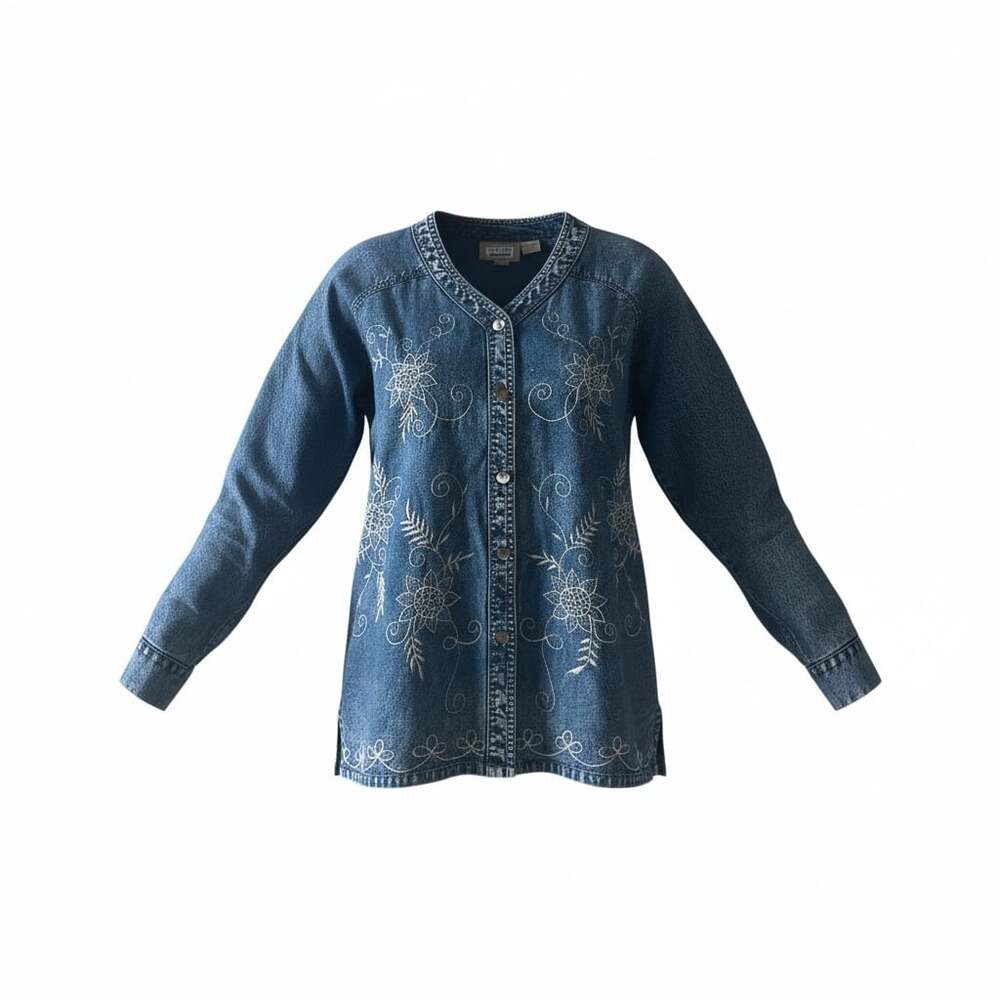 Vintage Premier International ladies floral embroidered blue jean shirt. Size Sm